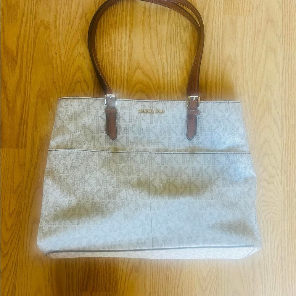 Michael Kors White and Brown Tote Bag with Leather Handles